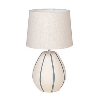 Hello Honey Stoneware Table Lamp with Hand-Painted Blue Stripes and Linen Shade