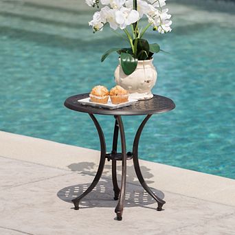 Outdoor 19" Cast Aluminum Side Table Traditional Bronze Lattice Design