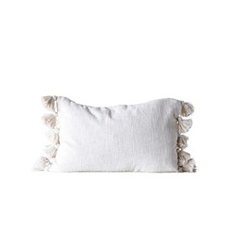 Hello Honey Woven Cotton Slub Lumbar Pillow with Tassels, Cream