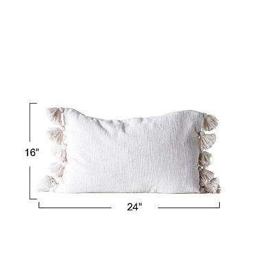 Hello Honey Woven Cotton Slub Lumbar Pillow with Tassels, Cream