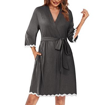 Ekouaer Women Kimono Robe 3/4 Sleeves Loungewear Dress Knee Length Sleepwear Pockets Housecoat