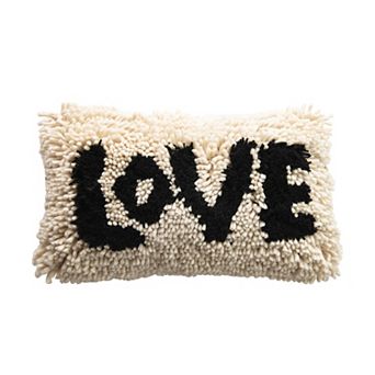 Hello Honey Woven Wool Shag Lumbar Pillow with "Love" Design, Black and Cream