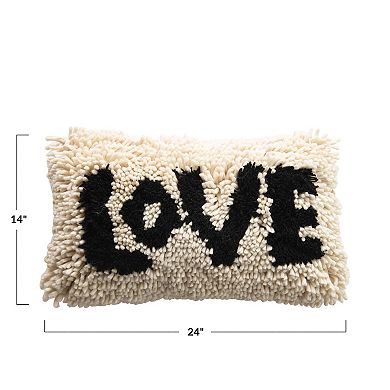 Hello Honey Woven Wool Shag Lumbar Pillow with "Love" Design, Black and Cream