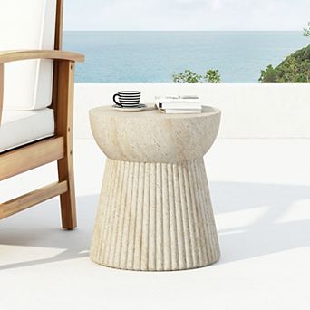 Outdoor Travertine Concrete Side Table Beige Textured End Table for Patio & Garden