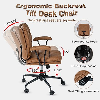 Brown PU Leather Office Chair Backrest 90°-135° Inclined, Armrests Included