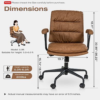 Brown PU Leather Office Chair Backrest 90°-135° Inclined, Armrests Included