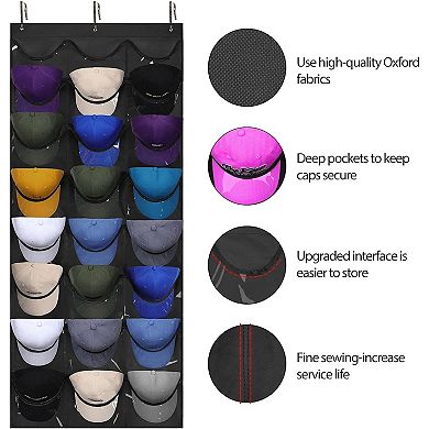 Hat Organizer Racks for Baseball Caps, Visible Hat Holder Rack for Wall Door with 3 Hooks,24 Pockets