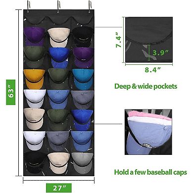 Hat Organizer Racks for Baseball Caps, Visible Hat Holder Rack for Wall Door with 3 Hooks,24 Pockets