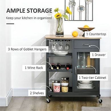 Bar Cart on Wheels with Wine Storage, Drawer and Acrylic Door Cabinet