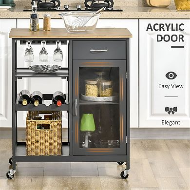 Bar Cart on Wheels with Wine Storage, Drawer and Acrylic Door Cabinet