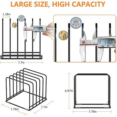 Great Ambitions Steel Cookware Holder, 5-Slot Divided Rack for Skillets, Baking Pans & Cutting Board