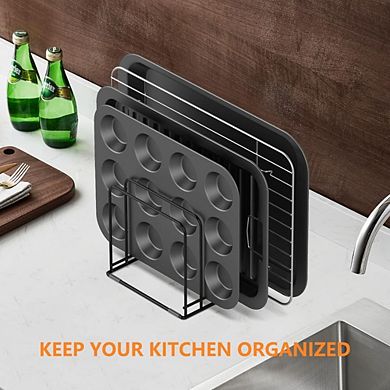 Great Ambitions Steel Cookware Holder, 5-Slot Divided Rack for Skillets, Baking Pans & Cutting Board