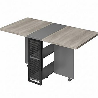 FoldingTable, Drop Leaf Dining Table with 6 Wheels and 2-Layer Storage Shelf