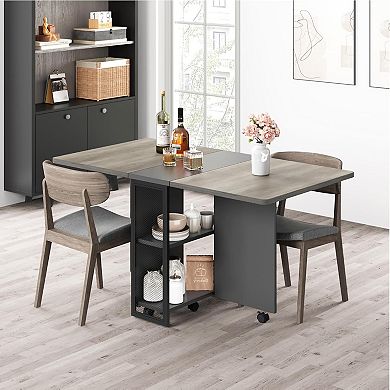 FoldingTable, Drop Leaf Dining Table with 6 Wheels and 2-Layer Storage Shelf