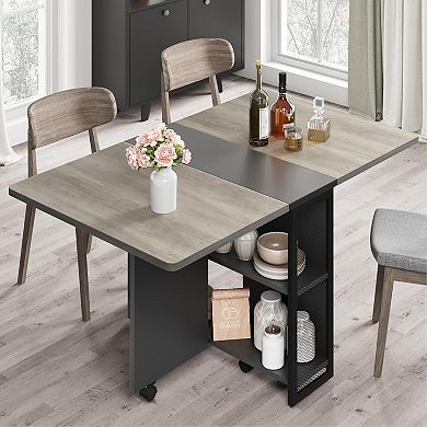 FoldingTable, Drop Leaf Dining Table with 6 Wheels and 2-Layer Storage Shelf