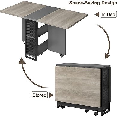 FoldingTable, Drop Leaf Dining Table with 6 Wheels and 2-Layer Storage Shelf
