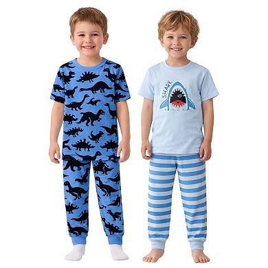 Kids Boys Dark Dinosaurs Sharks 2-Pack Pajamas Snug Fit PJs Short Sleeve