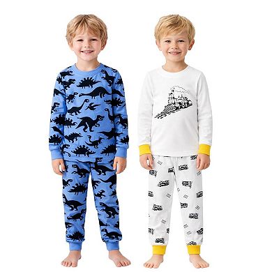 Kids Boys Dark Dinosaurs Trains 2-Pack Pajamas Snug Fit PJs Long Sleeve