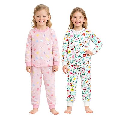 Kids Girls Candy Flowers 2-Pack Pajamas Snug Fit PJs Long Sleeve