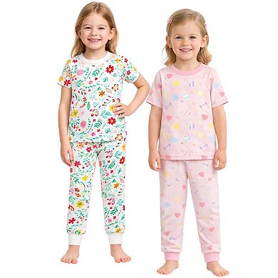 Kids Girls Candy Flowers 2-Pack Pajamas Snug Fit PJs Short Sleeve