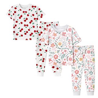 Kids Girls Cherries Flowers 2-Pack Pajamas Snug Fit PJs Short Sleeve