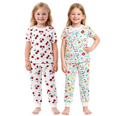 Kids Girls Cherries Flowers 2-Pack Pajamas Snug Fit PJs Short Sleeve