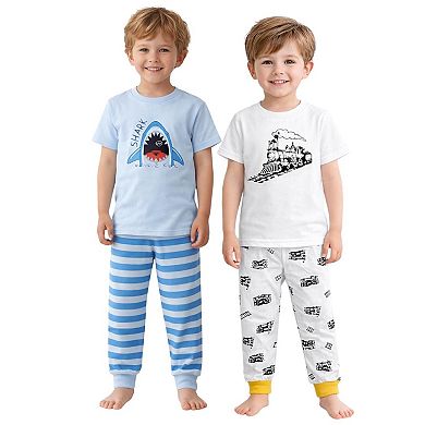 Kids Boys Sharks Trains 2-Pack Pajamas Snug Fit PJs Short Sleeve