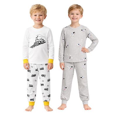 Kids Boys Trains Astronauts 2-Pack Pajamas Snug Fit PJs Long Sleeve