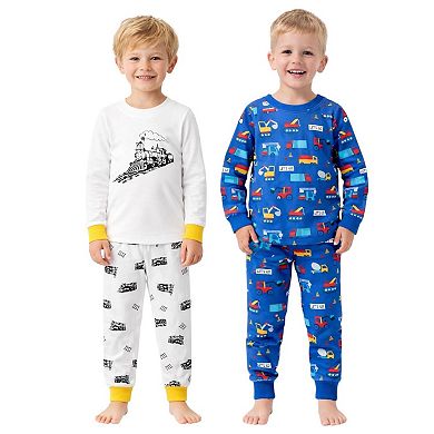 Kids Boys Trains Cars 2-Pack Pajamas Snug Fit PJs Long Sleeve