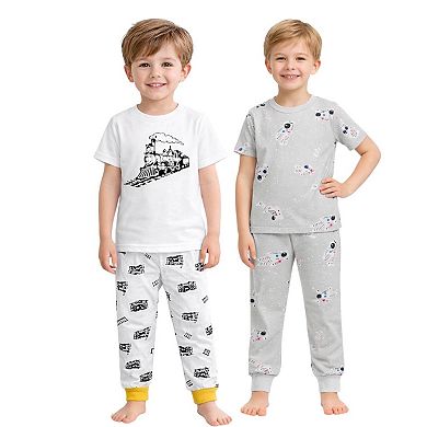 Kids Boys Trains Astronauts 2-Pack Pajamas Snug Fit PJs Short Sleeve