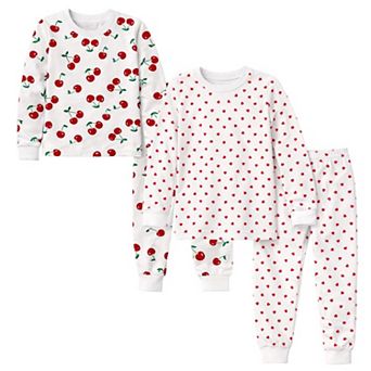 Kids Girls Cherries Hearts 2-Pack Pajamas Snug Fit PJs Long Sleeve