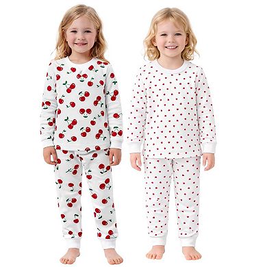 Kids Girls Cherries Hearts 2-Pack Pajamas Snug Fit PJs Long Sleeve