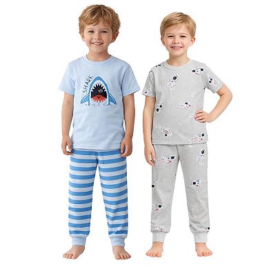 Kids Boys Sharks Astronauts 2-Pack Pajamas Snug Fit PJs Short Sleeve