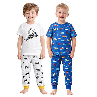 Kids Boys Trains Cars 2-Pack Pajamas Snug Fit PJs Short Sleeve