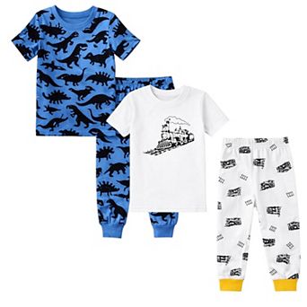 Kids Boys Dark Dinosaurs Trains 2-Pack Pajamas Snug Fit PJs Short Sleeve
