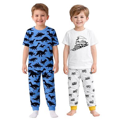 Kids Boys Dark Dinosaurs Trains 2-Pack Pajamas Snug Fit PJs Short Sleeve