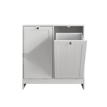 White Tilted Laundry Hamper with 2 Removable Baskets, MDF Freestanding Laundry Cabinet with Anti-Tip