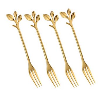 4 Pack Gold Dessert Forks Leaf Handle Appetizer Utensils Gift Box Set