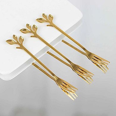 4 Pack Gold Dessert Forks Leaf Handle Appetizer Utensils Gift Box Set