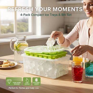 BPA Free Ice Cube Tray Set 4-Pack with Lid & Bin, Stackable Silicone Easy Release for Kitchen