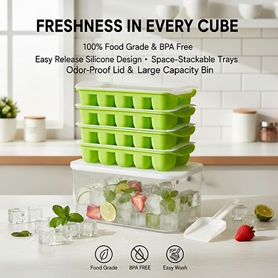 BPA Free Ice Cube Tray Set 4-Pack with Lid & Bin, Stackable Silicone Easy Release for Kitchen