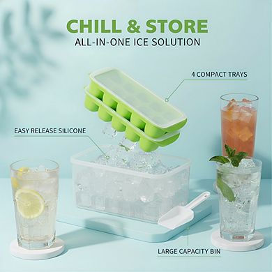 BPA Free Ice Cube Tray Set 4-Pack with Lid & Bin, Stackable Silicone Easy Release for Kitchen