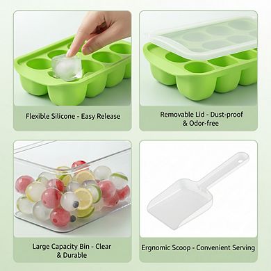 BPA Free Ice Cube Tray Set 4-Pack with Lid & Bin, Stackable Silicone Easy Release for Kitchen