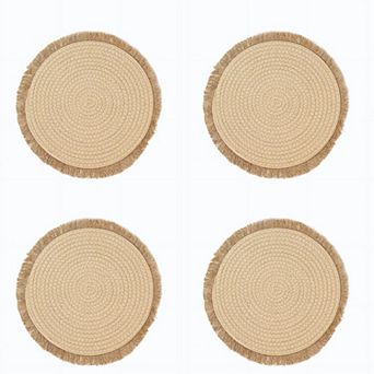 Pack of 4 15 Inch Round Burlap Placemats Natural Fringed Table Decor