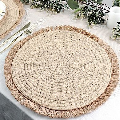 Pack of 4 15 Inch Round Burlap Placemats Natural Fringed Table Decor