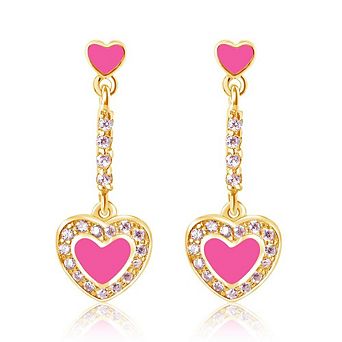 18K Yellow Gold Plated Hypoallergenic Kids Pink Heart Drop Earrings for Girls