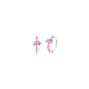 Hypoallergenic Kids Hoop Earrings for Girls, White Gold Tone with Pink Enamel
