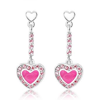 Hypoallergenic Kids Pink Heart Drop Earrings for Girls, White Gold Plated