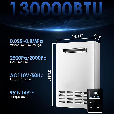 Propane Tankless Water Heater, 5.2 GPM 110V 130000 BTU Instant Hot Water with Temper Control