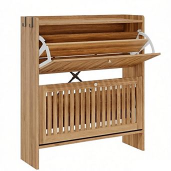 Shoe Cabinet with 2 Flip Slatted Drawers,Adjustable & Removable Panels,Narrow Shoe Cabinet Storage